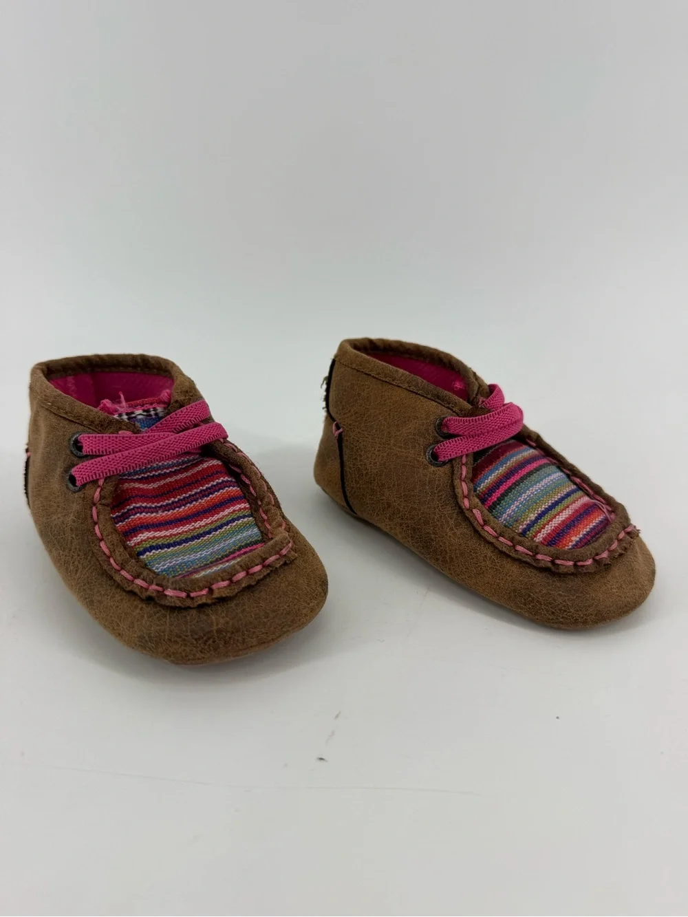 Ariat Brown Moccasin Baby Shoe with Pink and Multicolor Stripe Size 5